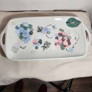 Vintage White Handpainted Serving Platter w/Handles Grapes & Leaves Theme